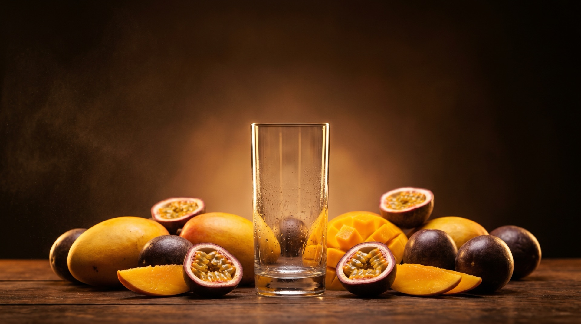 Mangos maduros y maracuyás frescos rodeando el vaso de SAVIA