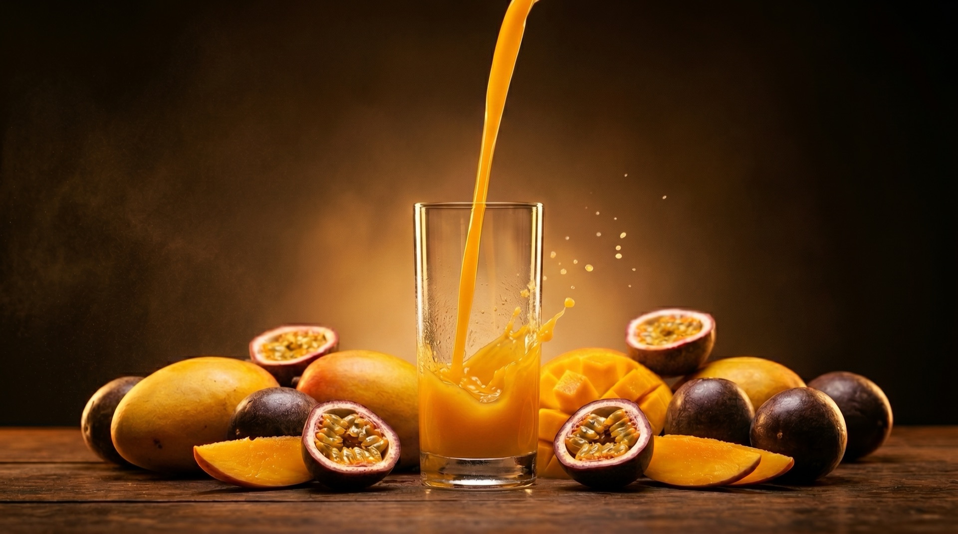 Primer chorro de zumo de mango y maracuyá cayendo en el vaso