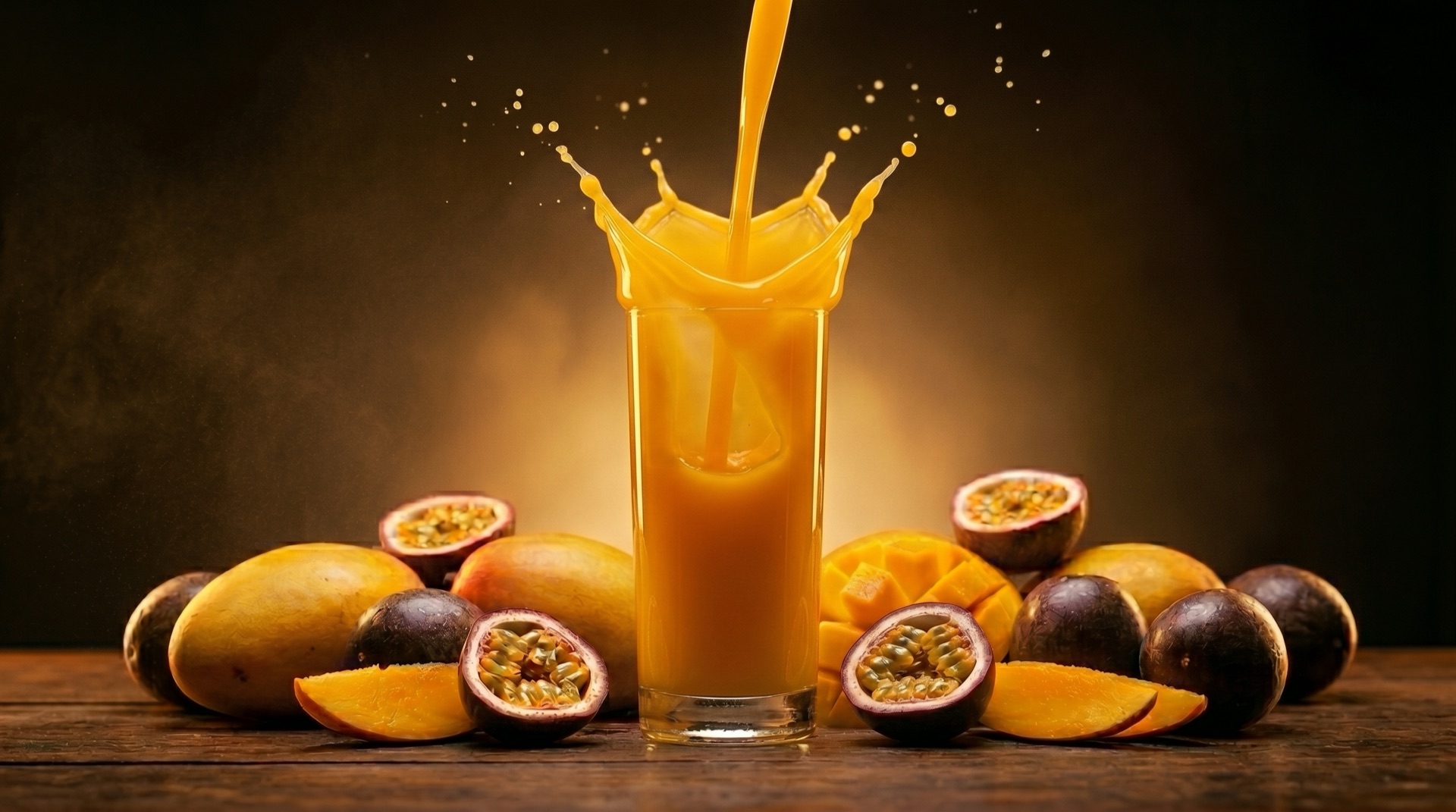 Estallido de zumo de mango y maracuyá al servirse en el vaso