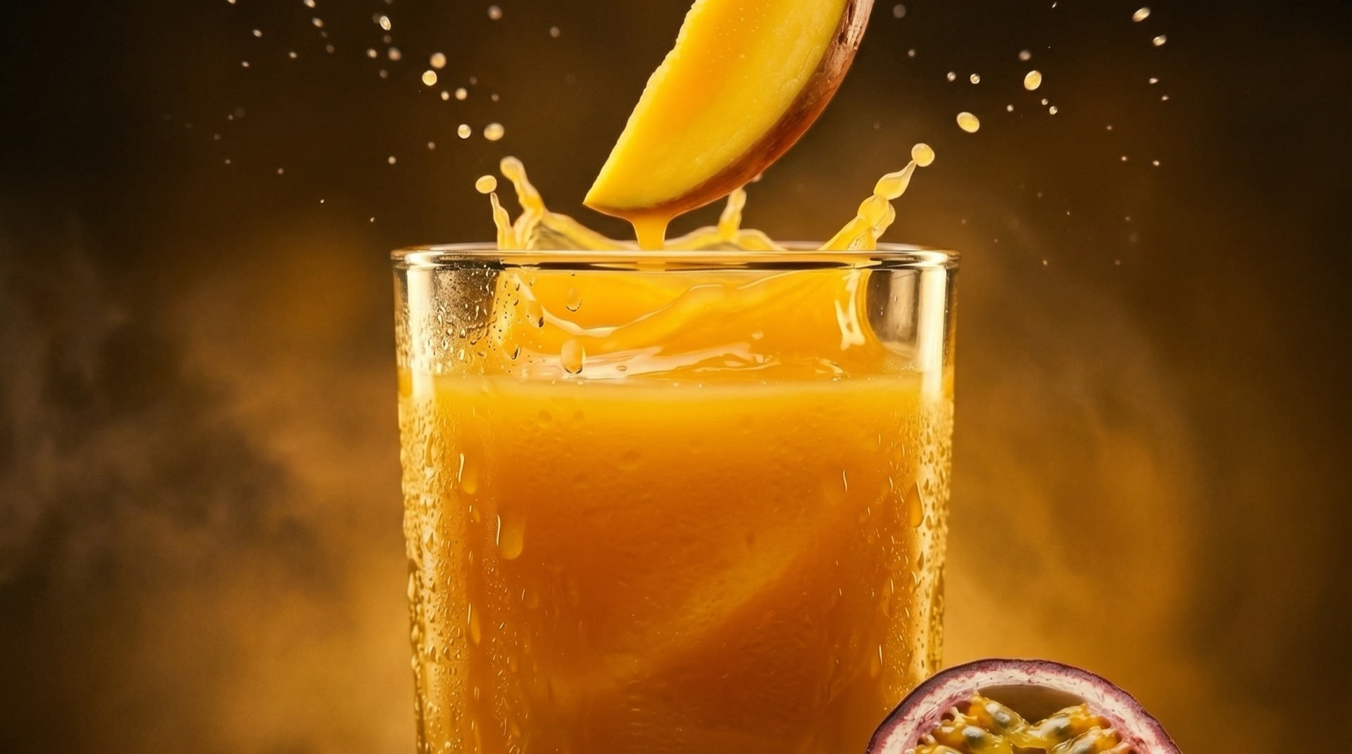 Vaso de zumo de mango y maracuyá con una rodaja de mango cayendo