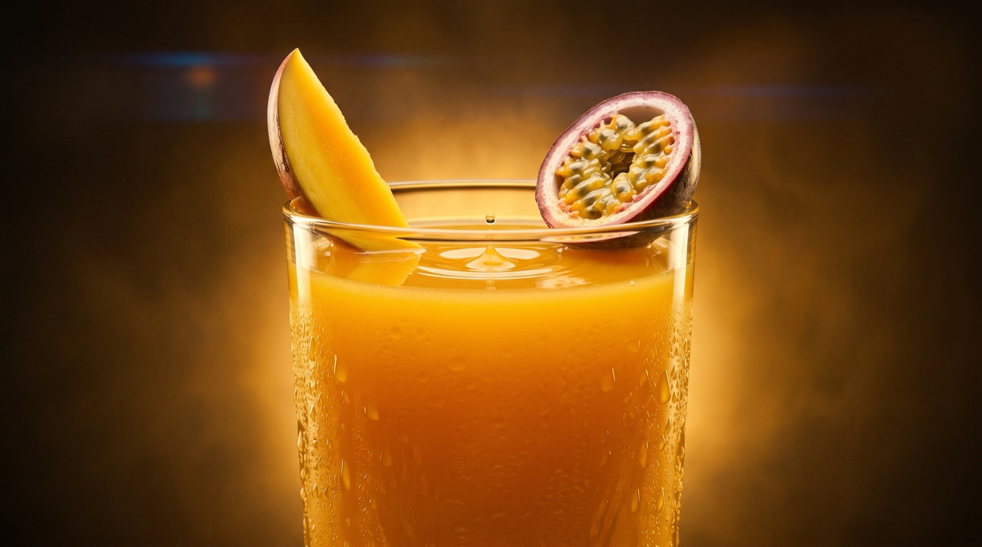 Zumo SAVIA de mango y maracuyá servido en vaso